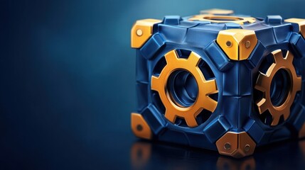 Poster - Gear Cube, futuristic blue and orange mechanical design, reflecting techno-aesthetic innovation.