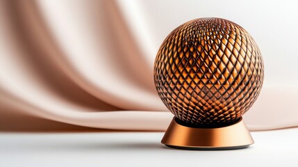 Poster - Copper Sphere Elegance, textured surface, delicate fabric backdrop, warm ambiance, modern decor element, artistic display