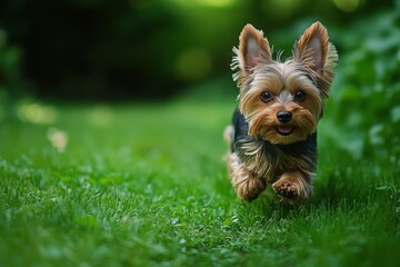 Yorkshire Terrier Playing in Green Summer Grass Field