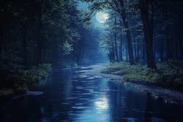 Tranquil Winding River Through Dense Forest at Night