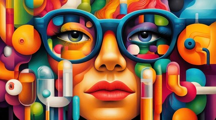 Aufkleber - Vibrant Abstract Face, glasses, colorful geometric shapes, surreal, bold colors, artistic expression, imaginative design