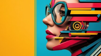Aufkleber - Colorful layered geometric portrait vibrant eyewear dynamic background profile view modern abstract art style