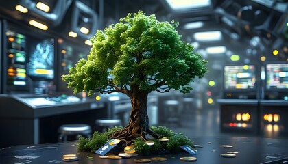 Wall Mural - Innovative Financial Growth: A Tree Emerges from Credit Cards in a High-Tech Laboratory