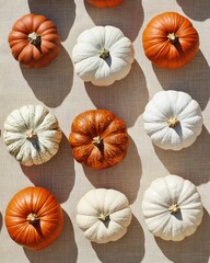 Canvas Print - Decorative pumpkins arranged in a top view pattern with shadows on a canvas tablecloth background showcasing rustic style design for an autumn or fall season theme