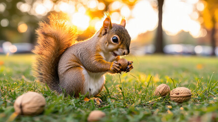 Squirrel in autumn park eating walnuts. Furry woodland creature with fluffy tail sitting, looking curious. Small adorable rodent in natural habitat, beautiful wildlife cute animal in outdoor nature.