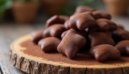 Poster -  Delicious chocolate truffles on a rustic wooden plate