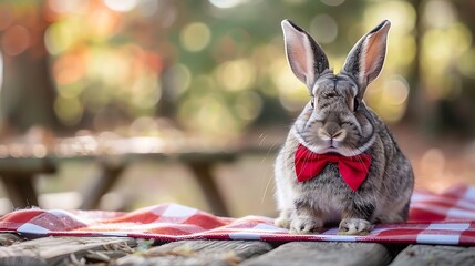 Wall Mural - Valentines day bow tie rabbit perched on a picnic table