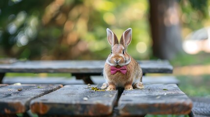 Wall Mural - Valentines day bow tie rabbit perched on a picnic table