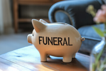 Simple piggybank with word Funeral on side. Saving for expenses for burial or cremation concept. Generative AI