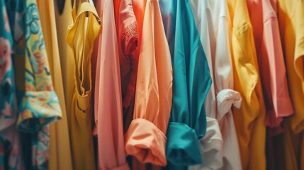 Sticker - Clothing store display, row of vibrant tops, fashion items on shelf