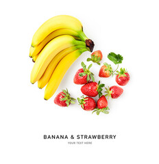 Wall Mural - Banana fruit bunch strawberries photography isolated on white background.