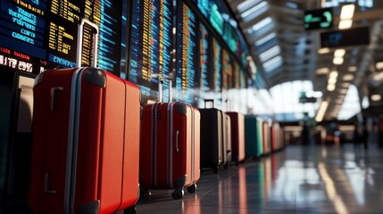 Modern suitcases displayed in a bustling airport terminal with vibrant digital flight information screens illuminating the scene, capturing the essence of travel and anticipation