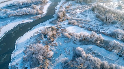 Wall Mural - Aerial View of a Frozen River in Winter