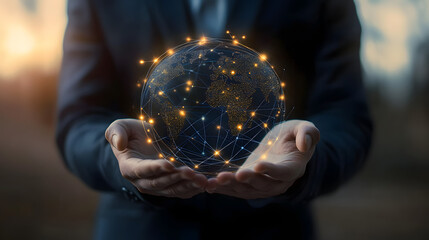 Poster - businessman holding global network connection on social networking and customer data analytics, busi