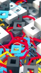 Fototapete - Unusual abstraction of a giant figure made of small different colorful details moving up isolated on black background. Animation. Abstract constructor, motion graphics.