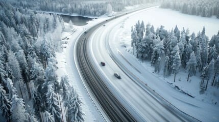 Canvas Print - Snowy Highway Winding Through Winter Forest