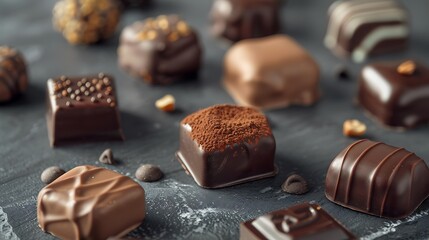 Wall Mural - Various milk and dark chocolate candies pralines made of belgian chocolate close up image