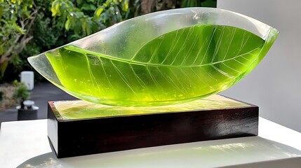 Green Leaf Glass Sculpture on Wooden Base