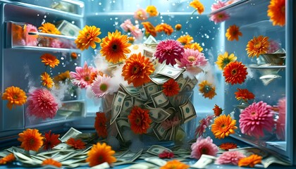 Wall Mural - Floral Blooms Thriving Amidst Frosty Wealth, Symbolizing Prosperity and Abundance Against a Vibrant Background