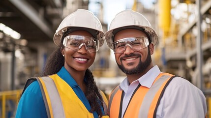 Two heavy industry engineers standing close, smiling in safety gear, with a blurry industrial plant in the background