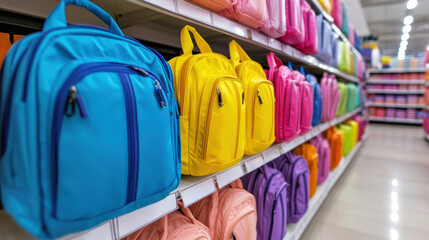 Sticker - A row of colorful backpacks on a shelf in the store, AI