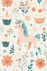 Wall Mural - whimsical doodle art, charming doodle background with girly motifs like unicorns, cupcakes, and flowers in dreamy peach and mint green colors