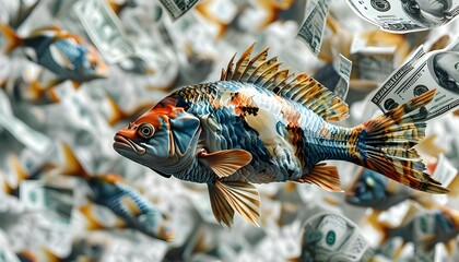 Wall Mural - Fishes Swimming Through a Sea of Currency Bills, Symbolizing Financial Fluidity Against a Clean White Background