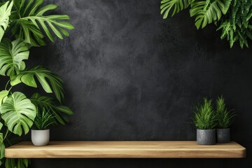 Poster - Minimalist Interior Design: Black Wall with Shelf and Green Plant. Modern Living Concept