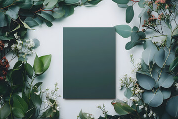 Stylish elegant flat lay dark green floristic greeting invitation post card with copy space mockup.