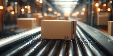Poster - A cardboard box moves along a conveyor belt in a factory.