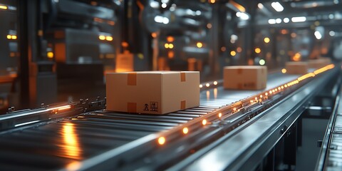 Poster - A cardboard box moves along a conveyor belt in a warehouse.