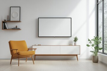 Canvas Print - Minimalist Living Room Interior with Armchair and Cabinet TV on White Wall