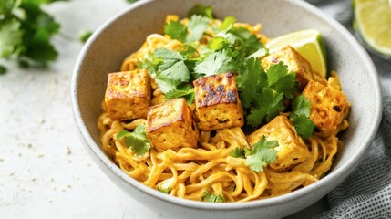 Wall Mural - A bowl of creamy coconut curry noodles with tofu and fresh cilantro, offering a vibrant, plant-based meal.