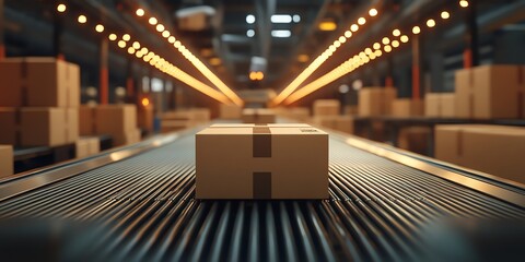 Poster - A cardboard box moves along a conveyor belt in a warehouse.