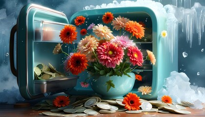 Wall Mural - Floral Blooms Thriving Amidst Frosty Wealth, Symbolizing Prosperity and Abundance Against a Vibrant Background