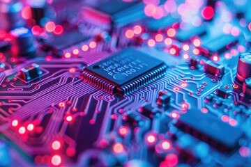 Poster - Close up shot of a circuit board with red lights, ideal for tech-related illustrations or diagrams
