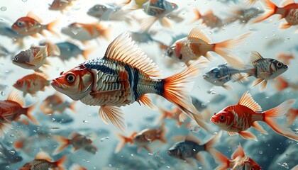 Wall Mural - Fish navigating through a sea of paper currency, symbolizing economic currents, with a realistic backdrop isolated on white for text placement