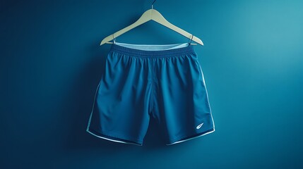 Blue athletic shorts hanging on a wooden hanger against a blue background.