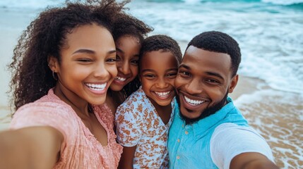 A family posing for a group selfie on the beach, with the ocean waves behind them and big smiles on everyone faces.