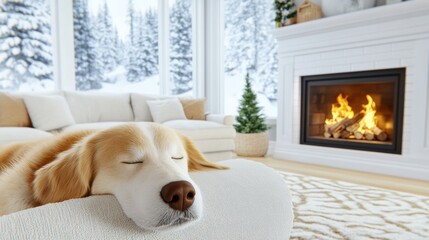 Poster - A dog sleeping on a couch in front of fireplace, AI