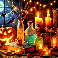 Halloween time image of Halloween related items magical items books pumpkin lanterns candles witch hats fog and cobwebs gloomy fairy lights spiders and cats