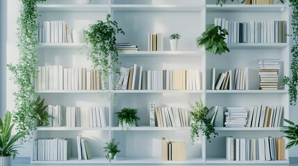 Wall Mural - White bookshelf with plants and folders over wall hyper realistic