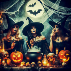 witches at a cauldron, casting spells, preparing a mysterious potion, an atmosphere of magic and horror, witchcraft paraphernalia in the form of candles, pumpkin masks, cobwebs, and bats