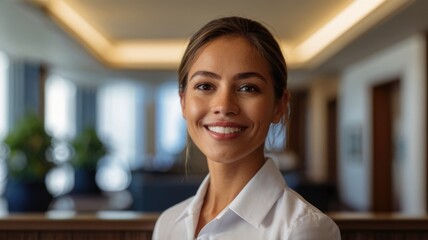 Happy hotel receptionist looking at the camera