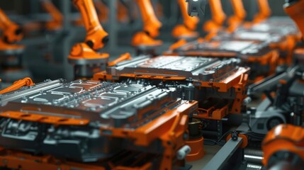Poster - A group of robotic workers assembling and stacking hard drives in a industrial setting