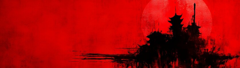 Sticker - Silhouette of a pagoda against a red moon.