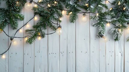 A white wooden wall decorated with Christmas lights