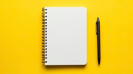 Poster - Blank white notebook with a black pen and pencil on a yellow background. Photo banner. View from above. Place for your text.with generative ai