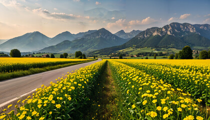 Poster - Route menant à travers un champ de fleurs jaunes avec une vue sur les montagnes