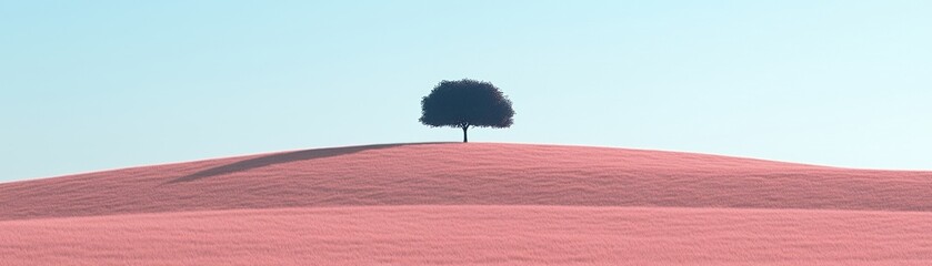 Sticker - A single tree stands tall on a pink hill.